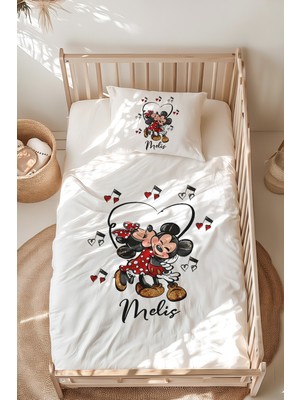 Lilabio %100 Pamuk Isme Özel Isimli Montessori Yatak Nevresim Takımı (100X200 Cm) Mickey & Minnie