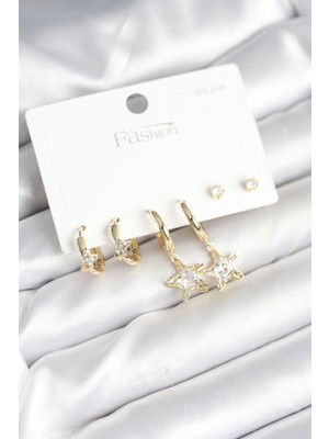 Vice Avm Pirinç Gold Renk Yıldız Model 925 Gümüş Çivili Kadın Küpe Seti - TJ-BKP11256 TG-V 11495