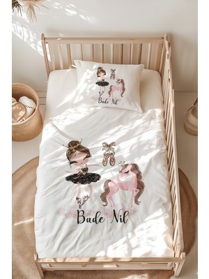 Lilabio %100 Pamuk Isme Özel Isimli Montessori Yatak Nevresim Takımı (100X200 Cm) Balerin