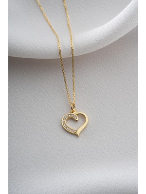 Two Arts Kadın 925 Ayar Gümüş Yarım Zirkon Taşlı Kalp Kolye | 14K Altın Kaplama