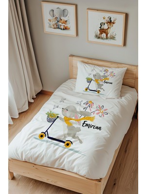 Lilabio Isme Özel Tek Kişilik %100 Pamuk Nevresim Takımı (160X220 Cm) Scooterlı Tavşan