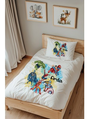 Lilabio Isme Özel Tek Kişilik %100 Pamuk Nevresim Takımı (160X220 Cm) Süper Kahramanlar