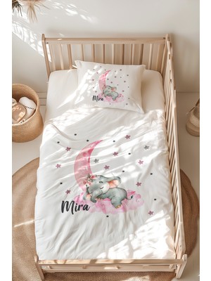 Lilabio %100 Pamuk Isme Özel Isimli Montessori Yatak Nevresim Takımı (100X200 Cm) Fil