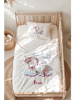 Lilabio %100 Pamuk Isme Özel Isimli Montessori Yatak Nevresim Takımı (100X200 Cm) Unicorn