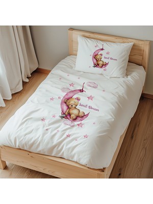 Lilabio Tek Kişilik %100 Pamuk Nevresim Takımı (160X220 Cm) Tatlı Rüyalar Pembe Ayıcık
