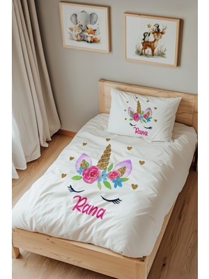 Lilabio Isme Özel Tek Kişilik %100 Pamuk Nevresim Takımı (160X220 Cm) Çiçekler ve Unicorn