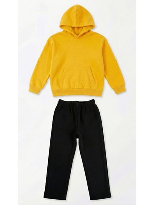 MAKSFD Unisex Çocuk Kapüşonlu Siyah Alt Üst Eşofman Takımı Pamuklu Rahat Kalıp