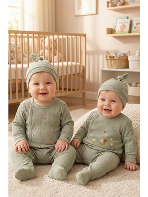 Babymod Çiçek Desenli Şapkalı 2'li Pamuklu Kız Bebek Tulum Set