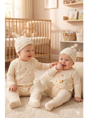 Babymod Çiçek Desenli Şapkalı 2'li Pamuklu Kız Bebek Tulum Set
