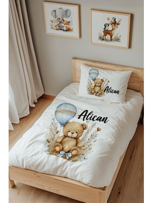 Lilabio Isme Özel Tek Kişilik %100 Pamuk Nevresim Takımı (160X220 Cm) Mavi Balonlu Ayıcık