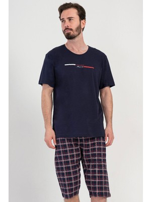 Vienetta Erkek Büyük Beden Kısa Kol Kapri Lacivert %100 Pamuk Ekose Pijama Takımı C4T3N1804