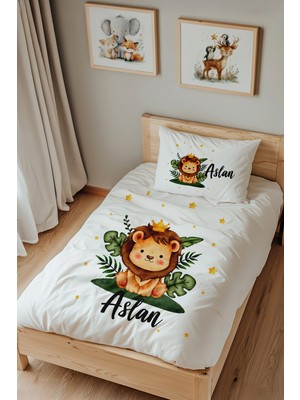 Lilabio Isme Özel Tek Kişilik %100 Pamuk Nevresim Takımı (160X220 Cm) Küçük Aslan