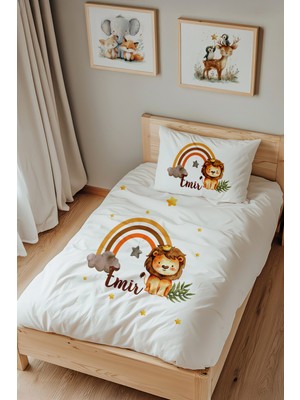 Lilabio Isme Özel Tek Kişilik %100 Pamuk Nevresim Takımı (160X220 Cm) Gökkuşağı ve Aslan