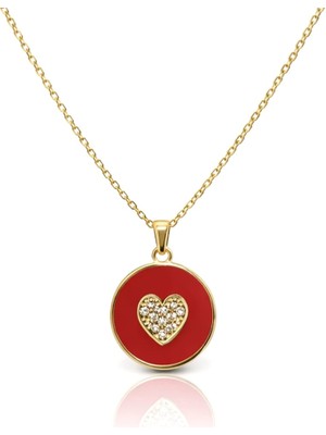 Zeya Kuyumculuk 14 Ayar Altın Kırmızı Mineli Taşlı Kalp Kolye