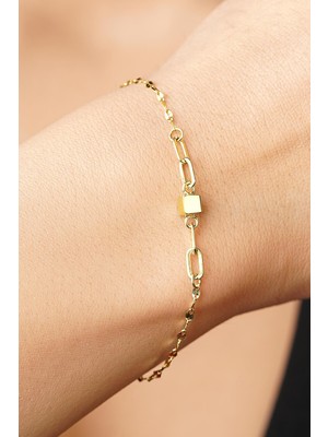 Fiyonk Kuyumculuk 14 Ayar Altın Küp Detaylı Aynalı Zincirli Bileklik