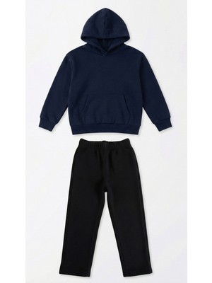 MAKSFD Unisex Çocuk Kapüşonlu Siyah Alt Üst Eşofman Takımı Pamuklu Rahat Kalıp