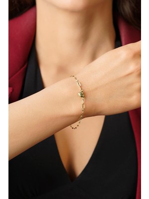 Fiyonk Kuyumculuk 14 Ayar Altın Kalp Detaylı Aynalı Zincir Bileklik