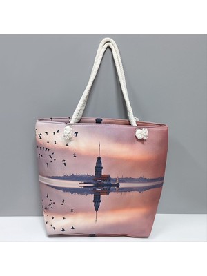 Zero Land Snmswrld Galata Kulesi Desenli Plaj Çantası-Lila