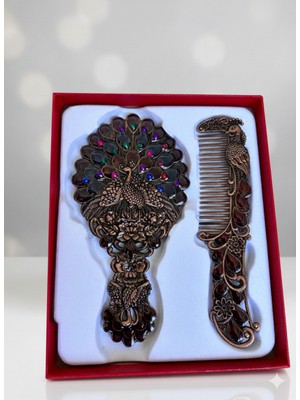 DeGo Shop Etnik Desenli Vintage Kabartmalı El Aynası ve Tarak Seti ( Kutulu )