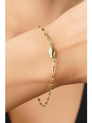 Fiyonk Kuyumculuk 14 Ayar Altın Yaprak Detaylı Aynalı Zincir Bileklik