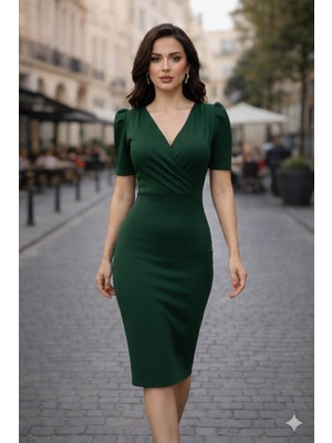 Cuyka Kadın Yeşil Ithal Krep V Yaka Yırtmaçlı Midi Elbise
