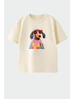 Monila Kız Çocuk Köpek Baskılı Pamuklu Bisiklet Yaka T-Shirt