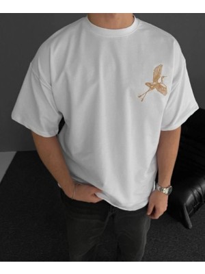 Ön ve Arka Baskılı Oversize Bisiklet Yaka T-Shirt - Beyaz