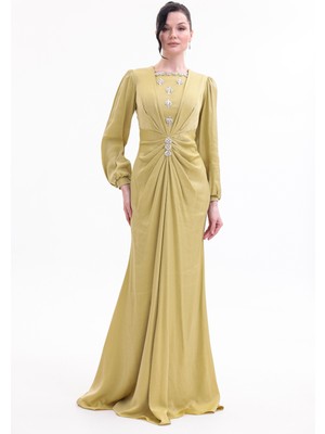 Bdm Exclusive Taş Detaylı Drape Gövdeli Uzun Kollu Premium Abiye Elbise