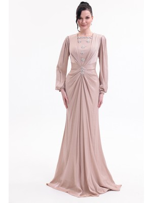 Bdm Exclusive Taş Detaylı Drape Gövdeli Uzun Kollu Premium Abiye Elbise
