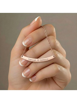 Aytoba 925 Ayar Gümüş Kişiye Özel 14 Ayar Altın Kaplama Rose Rengi Kavisli Bar Kolye