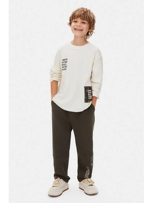 Magu Erkek Çocuk Pamuklu Ekru Uzun Kollu T-Shirt ve Haki Pantolon 2'li Takım