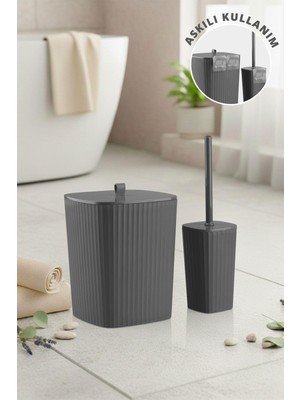 Okyanus Home Safir Yapışkanlı Wc Fırçalık ve Çöp Kovası Seti Antrasit 2'li Banyo Seti