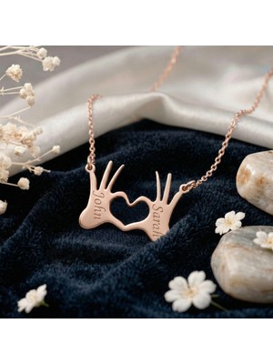 Aytoba 925 Ayar Gümüş Kişiye Özel 14 Ayar Altın Kaplama Rose Rengi El Işareti Kalp Isimli Kolye