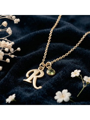 Aytoba 925 Ayar Gümüş Kişiye Özel 14 Ayar Altın Kaplama Gold Rengi Harfli ve Doğum Taşlı Kolye