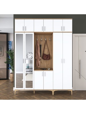 Rani EA155 Modern Portmanto 12 Kapaklı Aynalı Raflı Askılı Ayakkabılık Vestiyer Sepet Ceviz - Beyaz