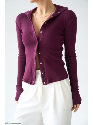 Butik Bordo Fitilli Çıtçıtlı  Uzun Kollu Bluz