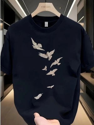 Baskılı Oversize Bisiklet Yaka T-Shirt - Beyaz