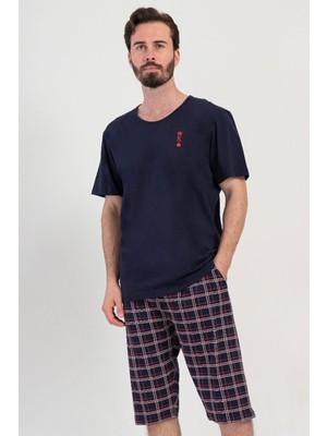 Vienetta Erkek Kısa Kol Kapri Lacivert %100 Pamuk Ekose Pijama Takımı C3T3N1804