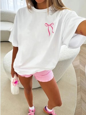 Fiyonk Baskılı Oversize Bisiklet Yaka T-Shirt - Beyaz