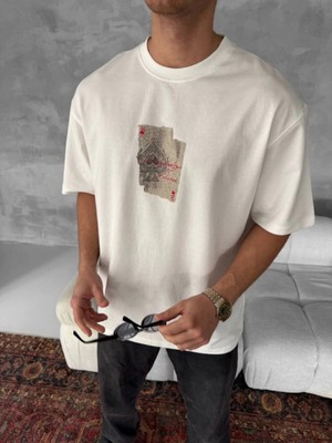 Erkek Ön ve Arka Baskılı Oversize Bisiklet Yaka T-Shirt - Beyaz