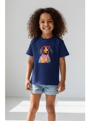 Monila Kız Çocuk Köpek Baskılı Pamuklu Bisiklet Yaka T-Shirt