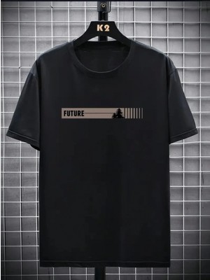 Baskılı Oversize Bisiklet Yaka T-Shirt - Siyah