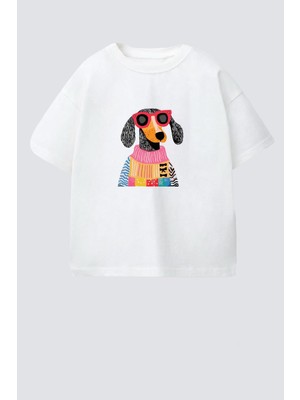 Monila Kız Çocuk Köpek Baskılı Pamuklu Bisiklet Yaka T-Shirt