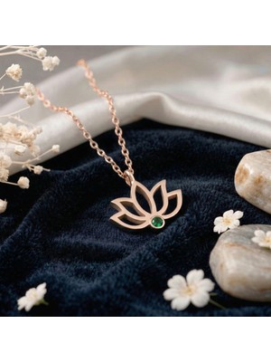 Aytoba 925 Ayar Gümüş Kişiye Özel 14 Ayar Altın Kaplama Rose Rengi Doğum Taşlı Lotus Kolye