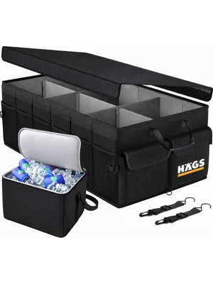 Haegs Araç Bagaj Düzenleyici, Termal Soğutucu Çantalı Organizer 3 Ana Bölmeli, 70L: 75X35X28CM-SIYAH