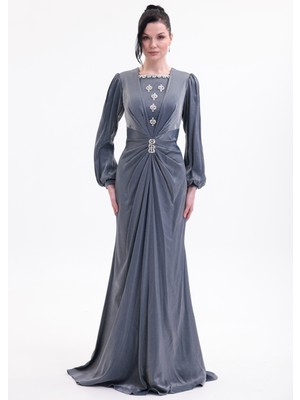 Bdm Exclusive Taş Detaylı Drape Gövdeli Uzun Kollu Premium Abiye Elbise