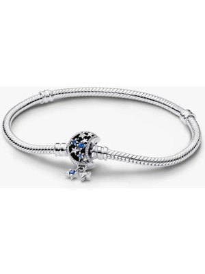 Pandora Işıltılı Ay Klipsli Yılan Zinciri Bileklik 925 Ayar Gümüş