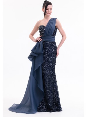 Bdm Exclusive Taş Işlemeli Şifon Drape Detaylı Premium Abiye Elbise