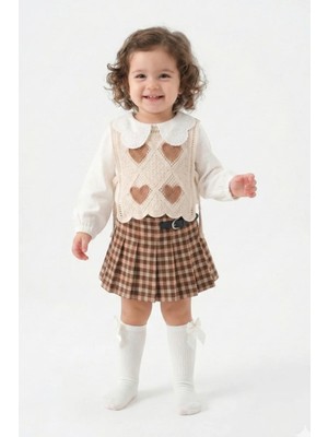 Mini Baray Kız Çocuk Kalpli Örgü Yelek Dantel Yakalı Bluz Ekose Pileli Etek 3'lü Takım 2 3 4 5 Yaş - Kahve