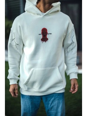 Üç Iplik Kapşonlu Baskılı Oversize Sweatshirt- Beyaz
